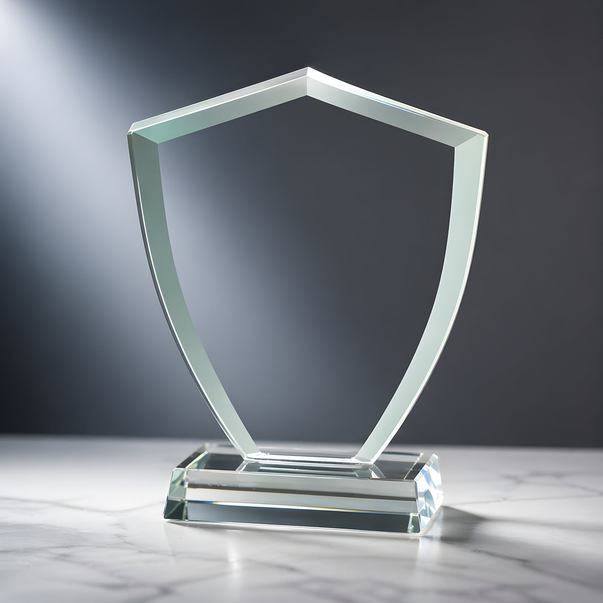 Glass shield trophy on marble surface under spotlight.