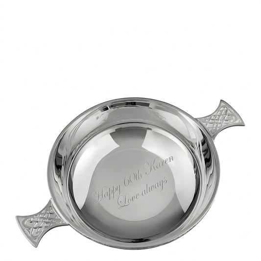 Example engraving (birthday): "Happy 60th Karen / Love always" inside the Silver Plated Celtic Quaich Bowl
