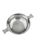 Example engraving (christening): "Freya Rose / Christened 4th April 2027" inside the Silver Plated Celtic Quaich Bowl