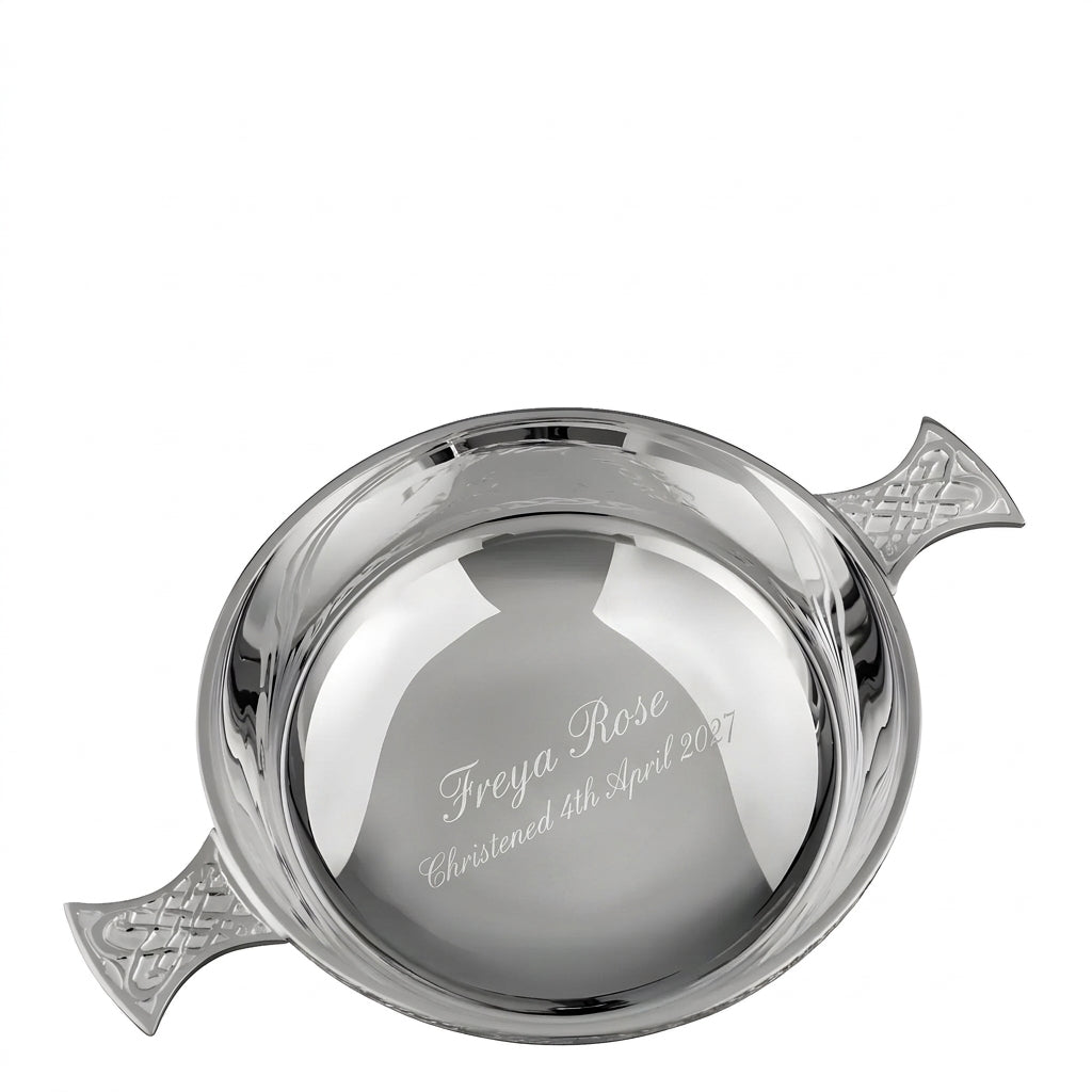Example engraving (christening): "Freya Rose / Christened 4th April 2027" inside the Silver Plated Celtic Quaich Bowl