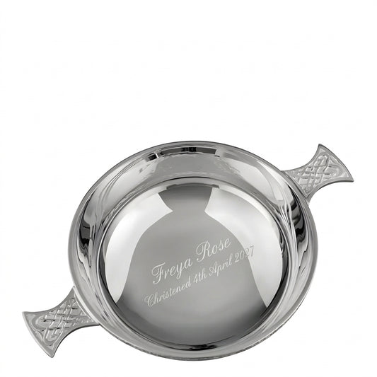 Example engraving (christening): "Freya Rose / Christened 4th April 2027" inside the Silver Plated Celtic Quaich Bowl