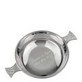 Example engraving (wedding): "Lauren & Ryan / 22nd May 2027" inside the Silver Plated Celtic Quaich Bowl