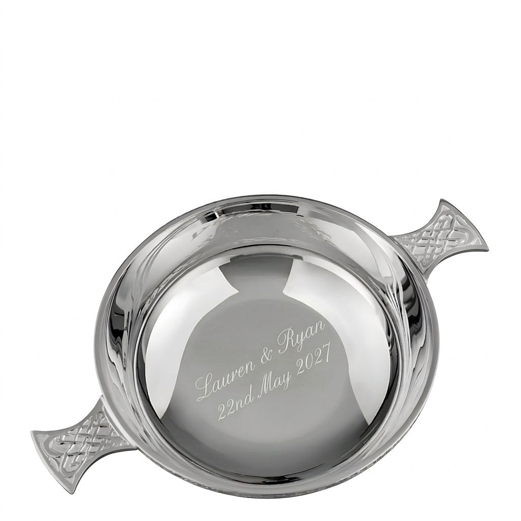 Example engraving (wedding): "Lauren & Ryan / 22nd May 2027" inside the Silver Plated Celtic Quaich Bowl
