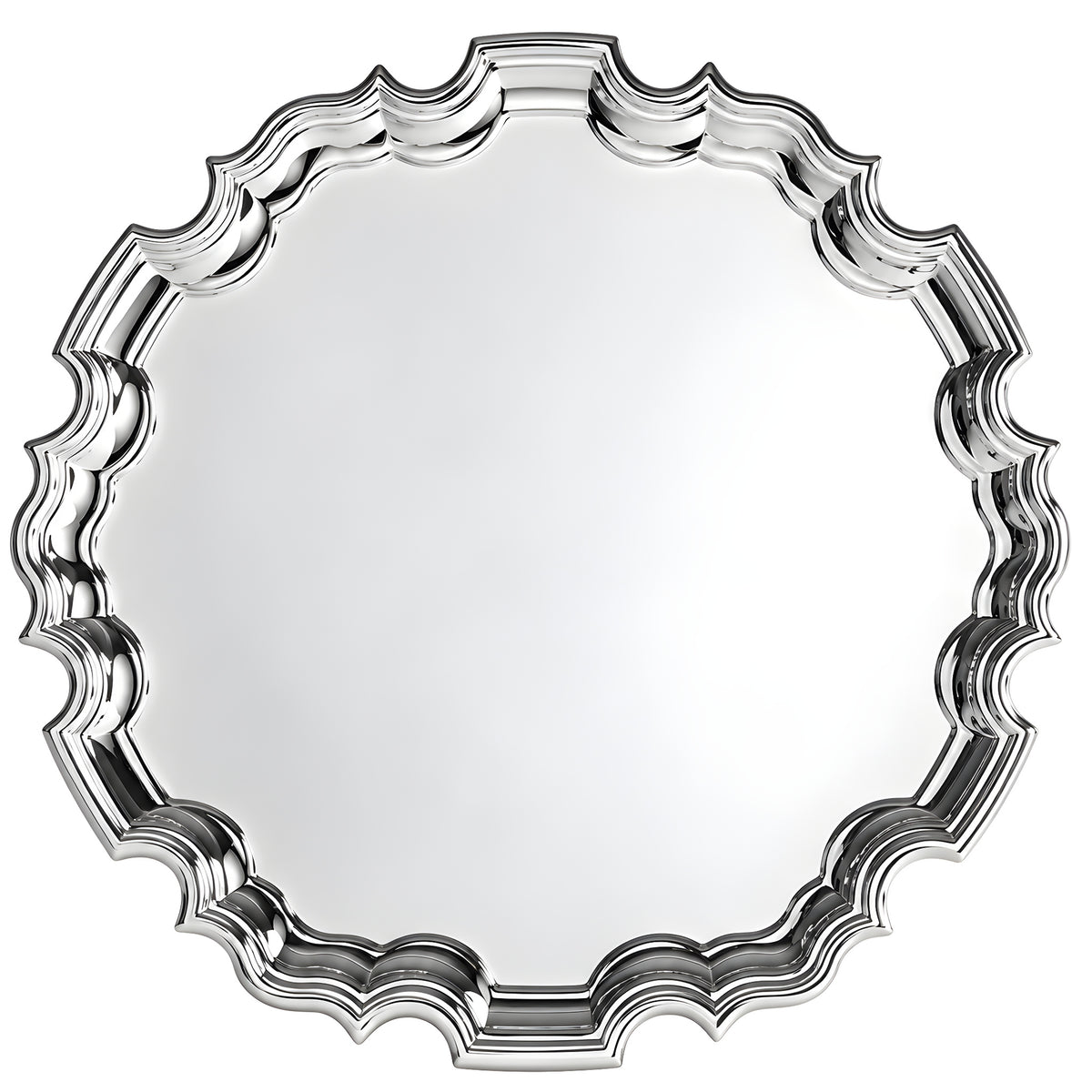 Ornate silver-plated round Chippendale salver tray with scalloped edges.