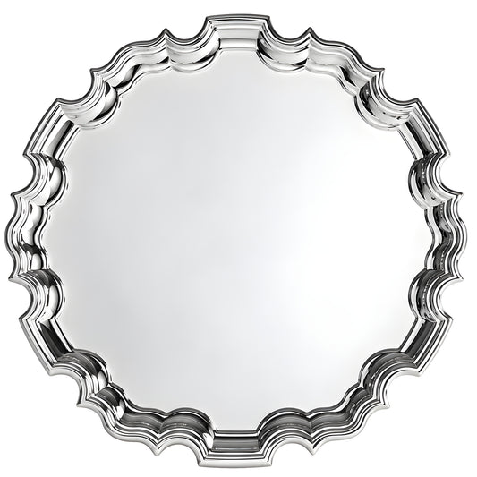 Ornate silver-plated round Chippendale salver tray with scalloped edges.