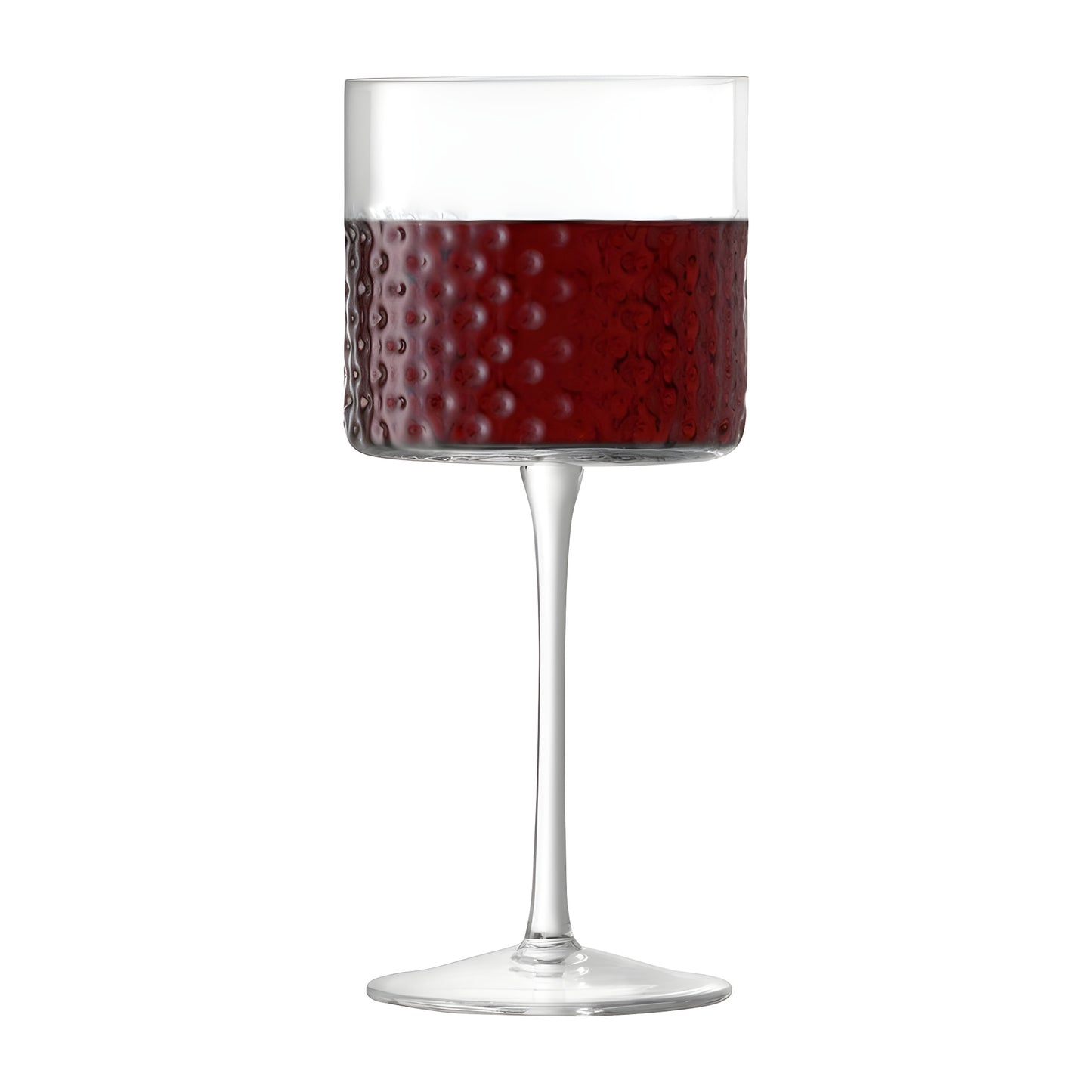 Modern textured wine glass with red wine, 320ml capacity.