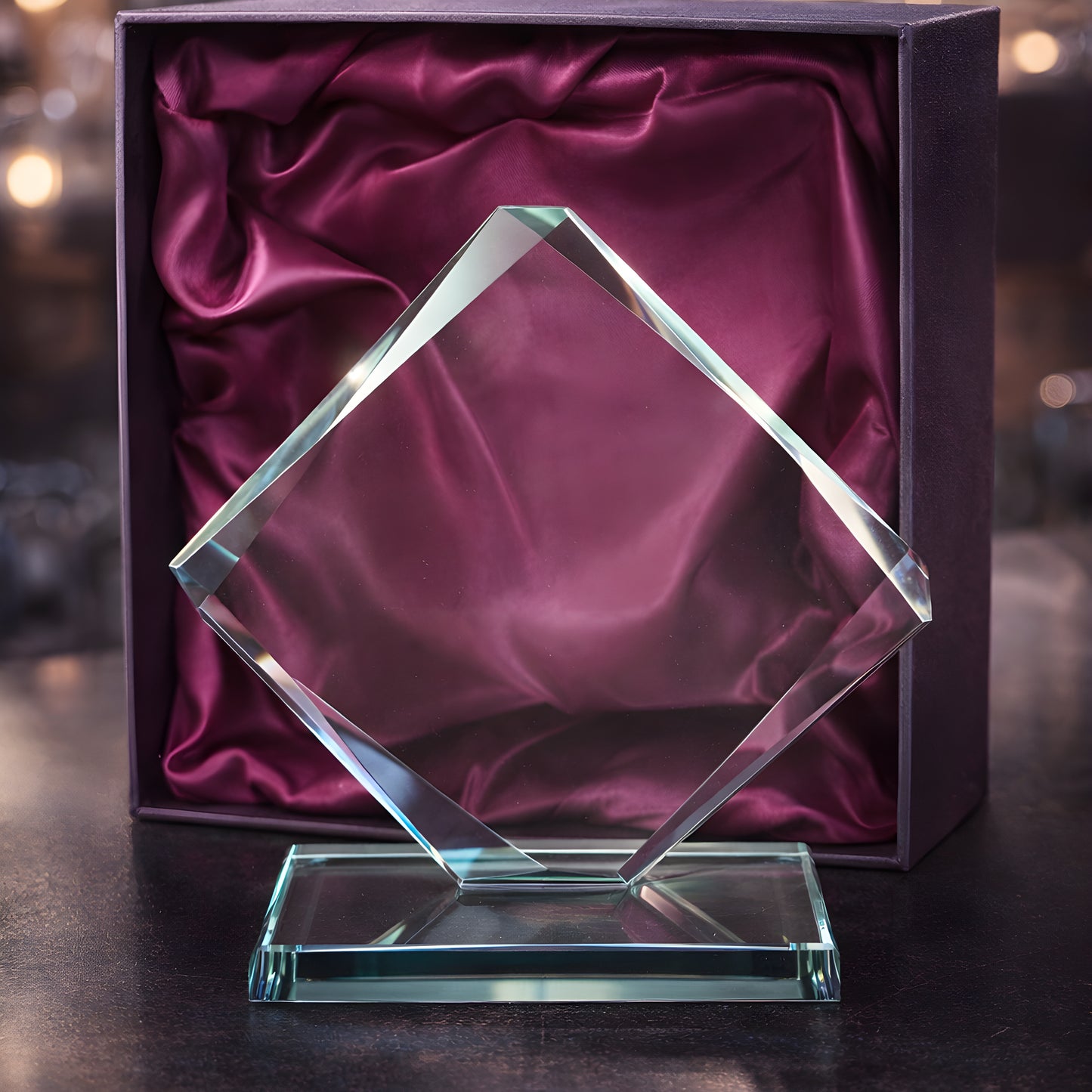 Elegant square glass award with gift box on a table.