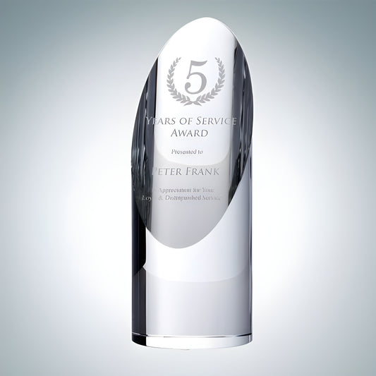 Crystal award for 5 years of service with engraved text and laurel design.