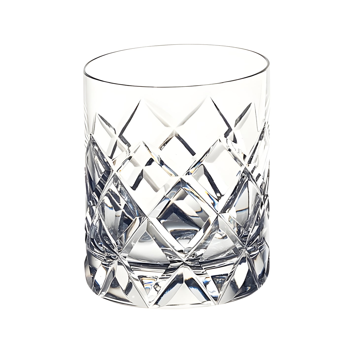 Crystal whiskey glass with diamond cut design.