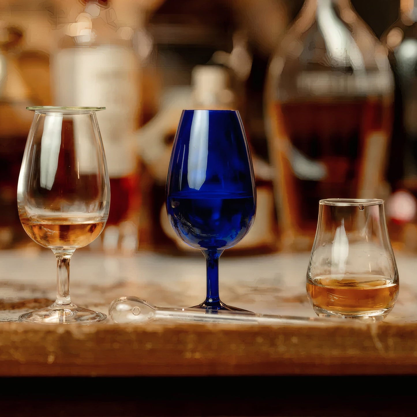 Scotch whisky tasting glasses with a blue glencairn on a wooden table.