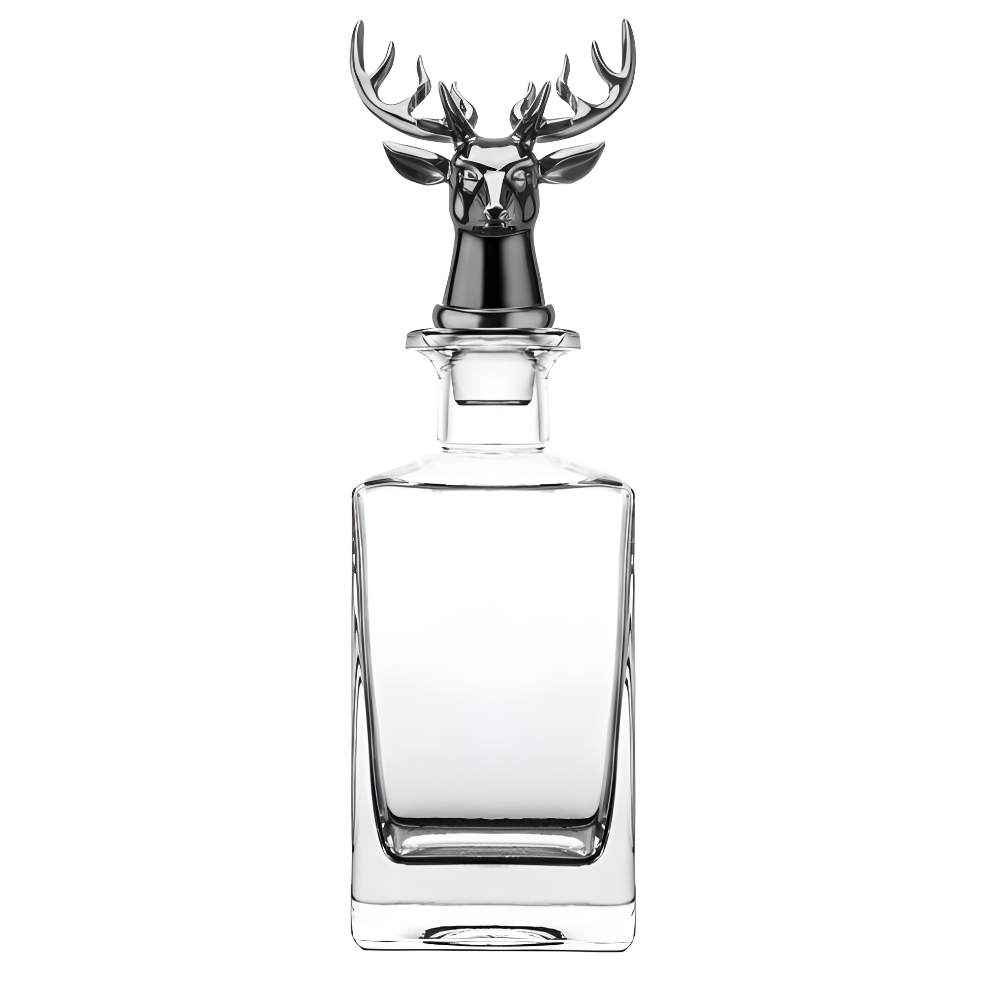 750ml square crystal whiskey decanter with deer head stopper.