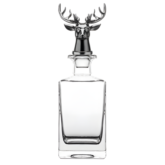 750ml square crystal whiskey decanter with deer head stopper.
