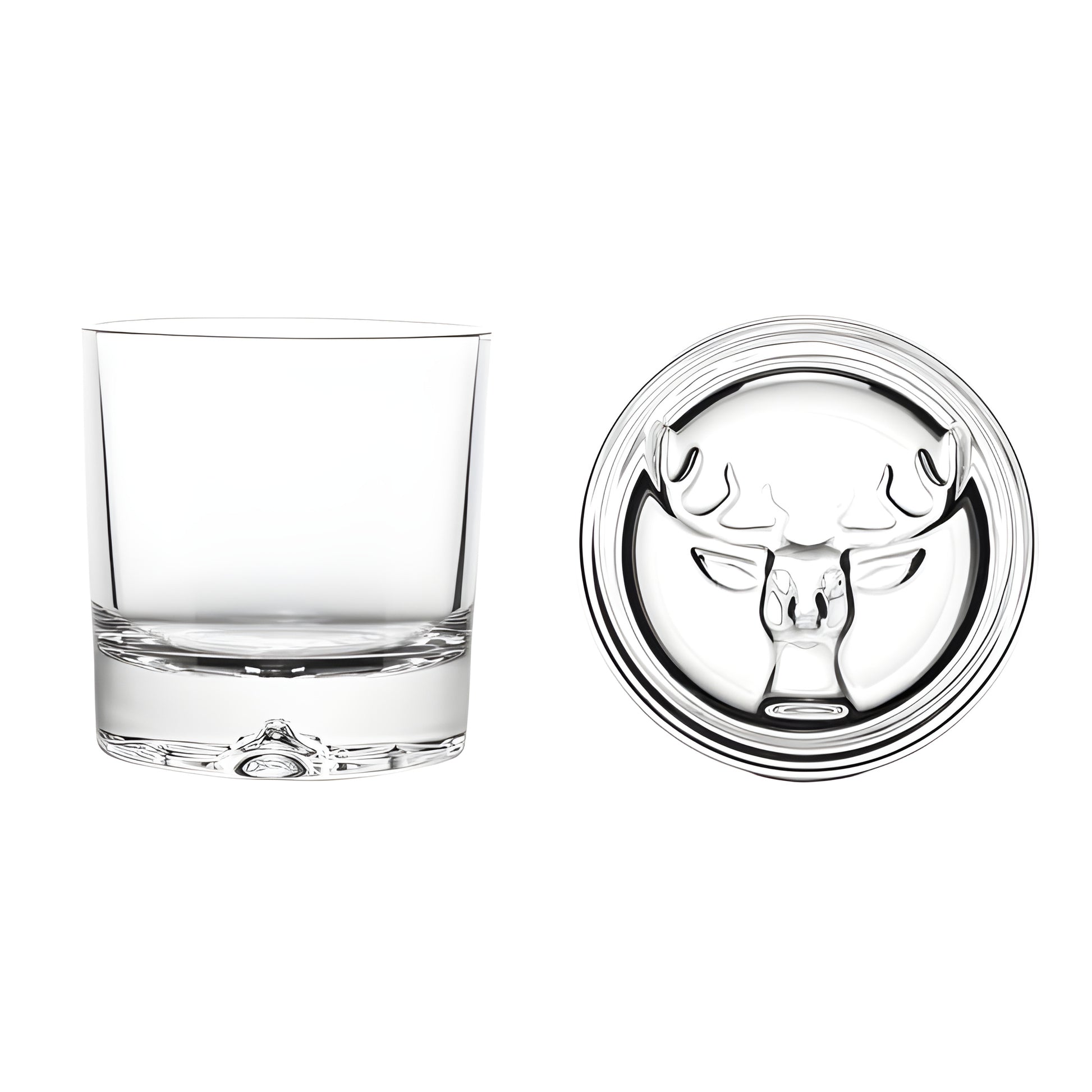 320ml tumbler with stag design embossed on glass base.