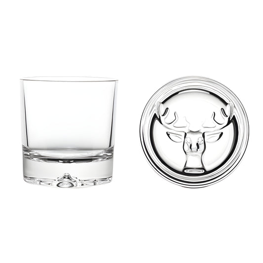 320ml tumbler with stag design embossed on glass base.