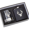 Stag antler design on whisky glass and hip flask gift set