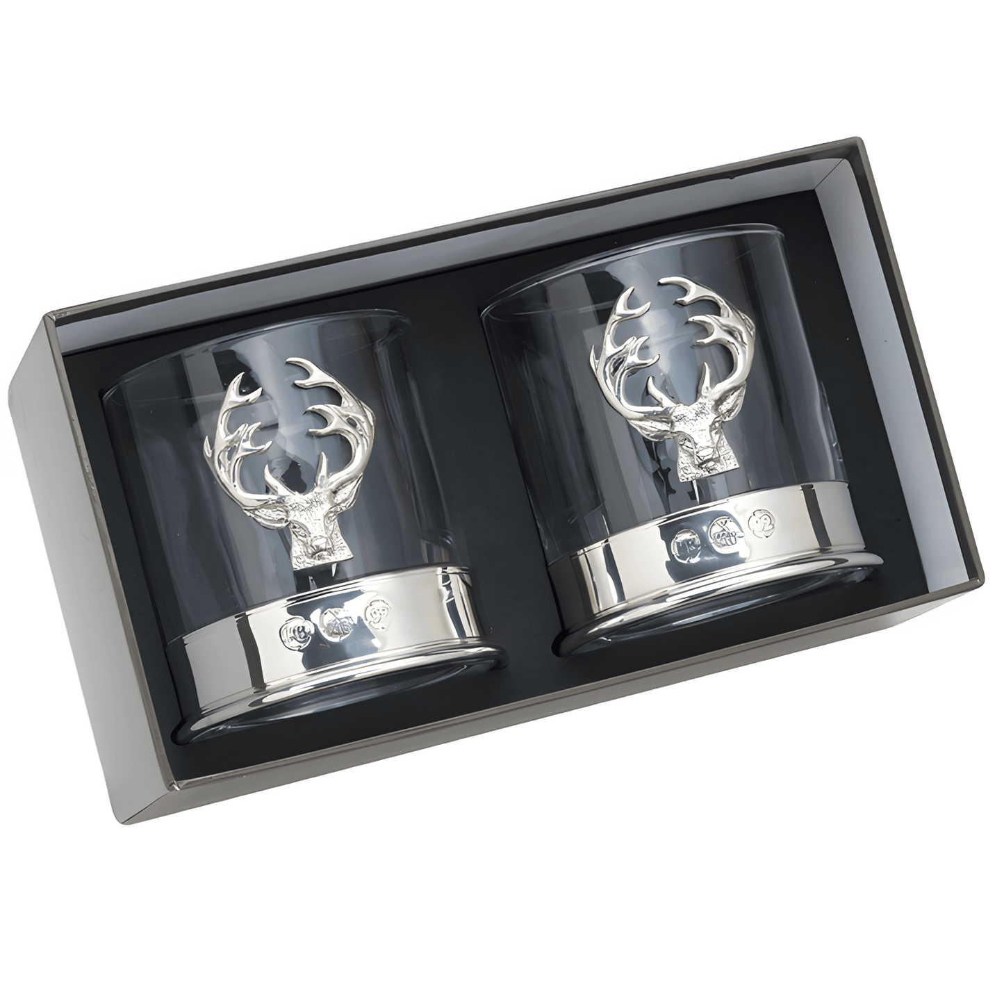 Pair of whisky glasses with silver stag head design in gift box.