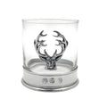 Whisky glass with pewter stag head decoration, clear tumbler design.