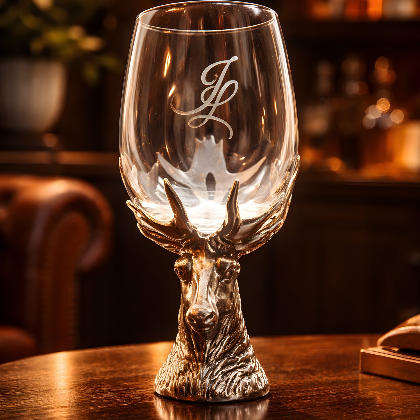 Decorative wine glass with stag head base on wooden table.
