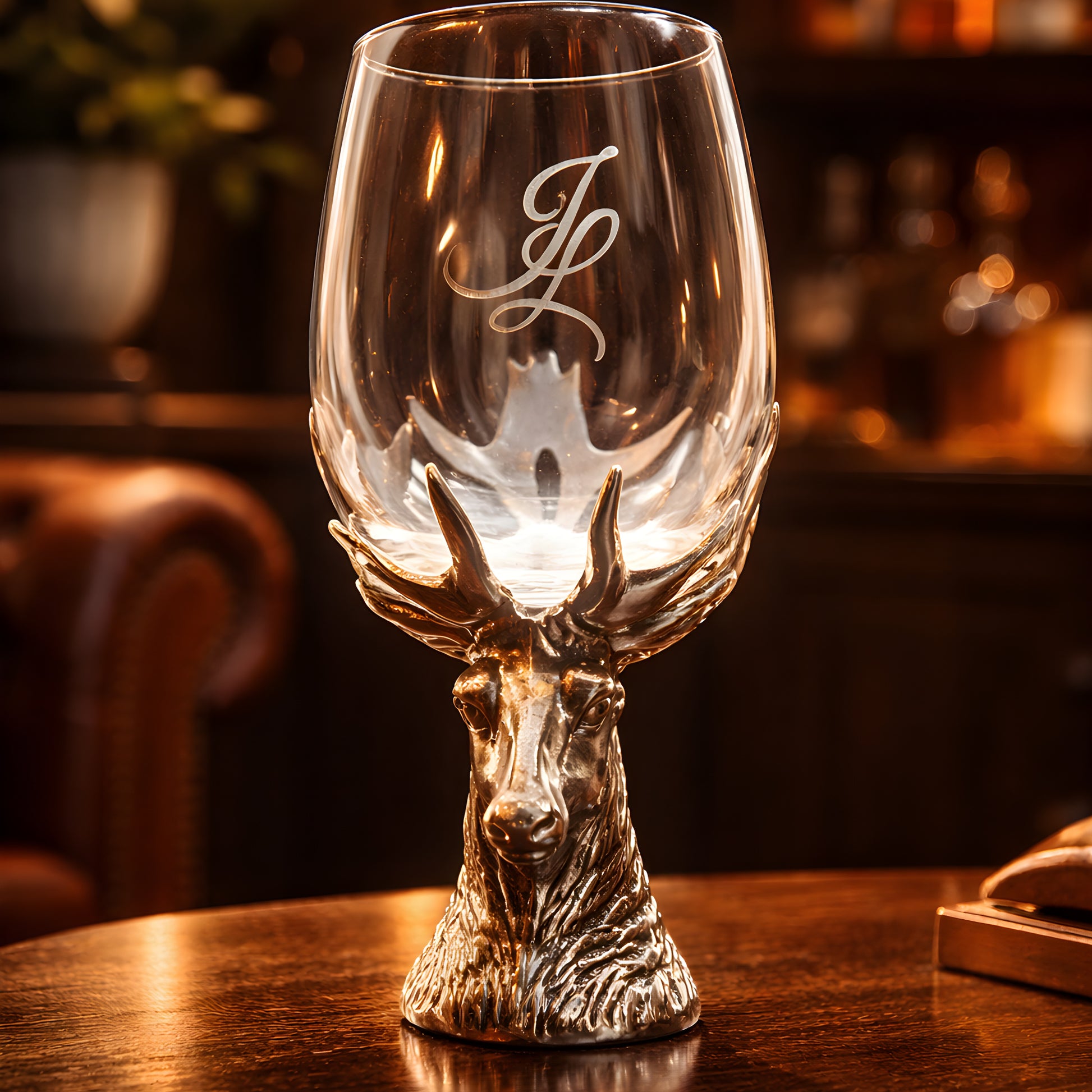 Decorative wine glass with stag head base on wooden table.