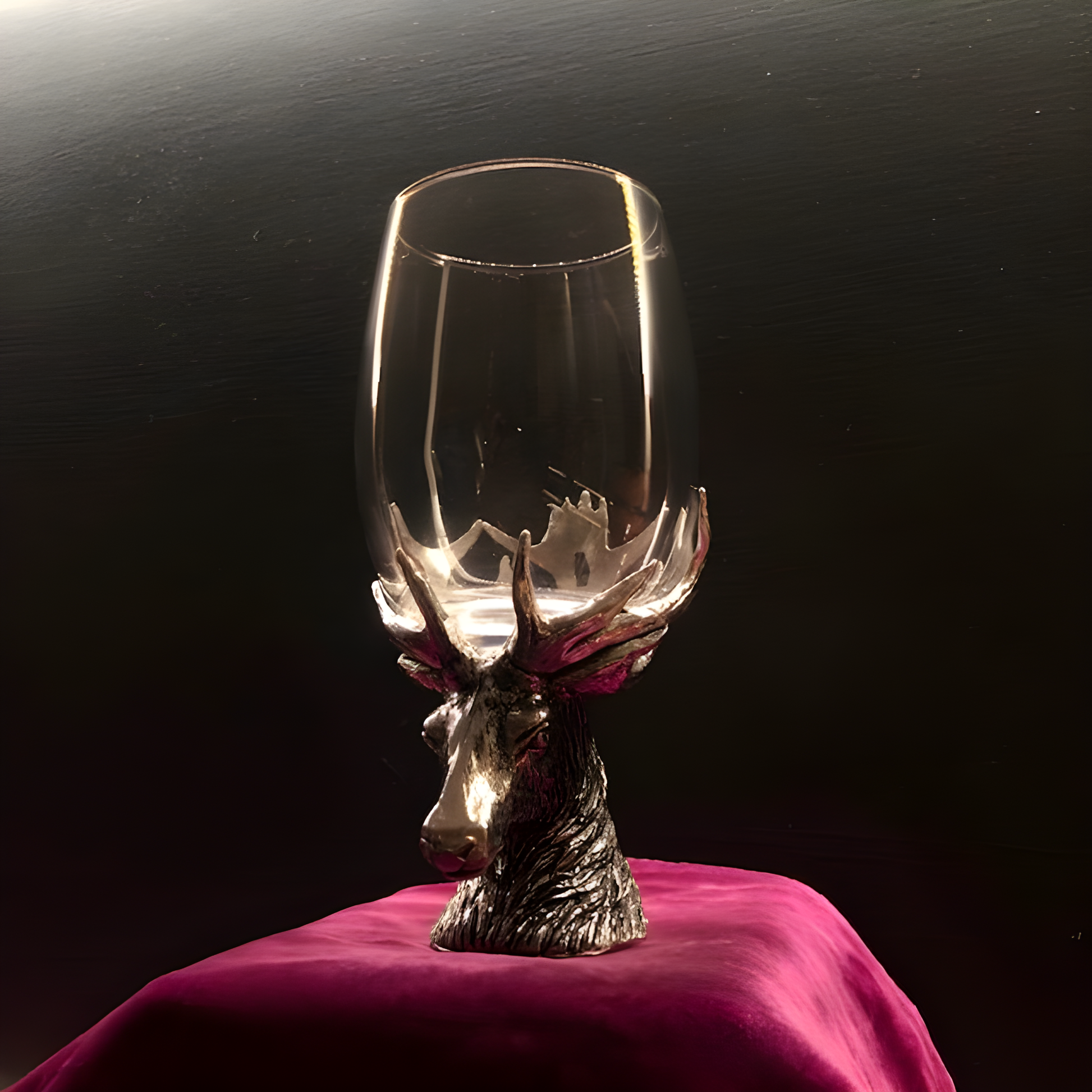 Decorative stag wine glass on a red velvet base with an animal theme.