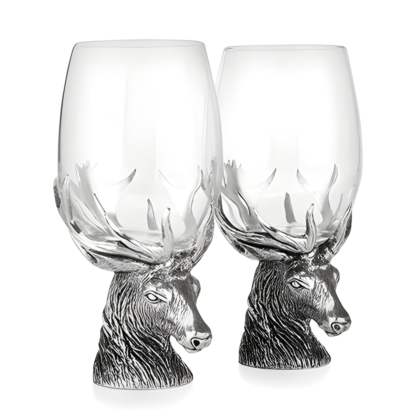 Pair of wine glasses with silver stag head and antlers as base.