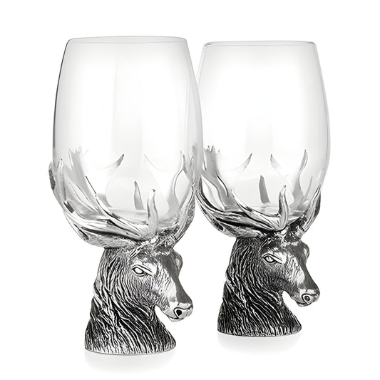 Pair of wine glasses with silver stag head and antlers as base.