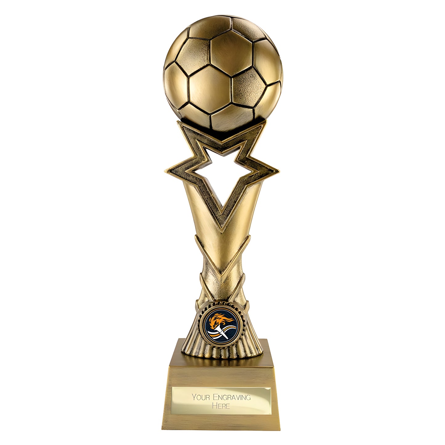 Antique gold soccer trophy with star design and custom engraving.