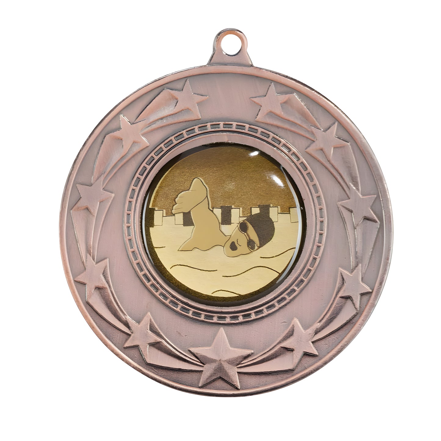 Bronze swimming medal with starburst design