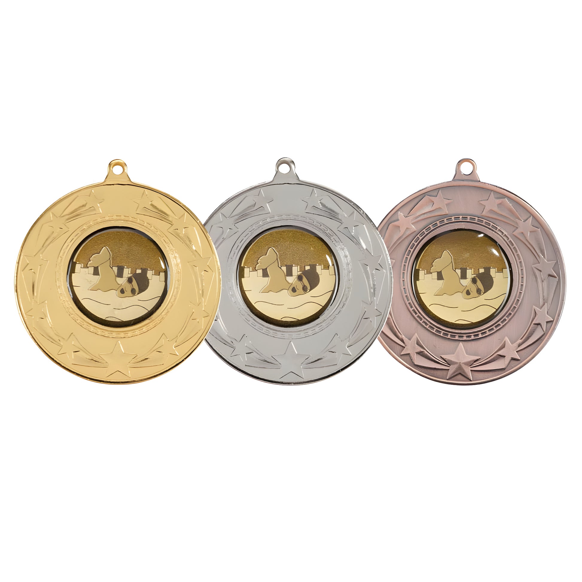 Gold, silver, and bronze star-burst medals with animal design
