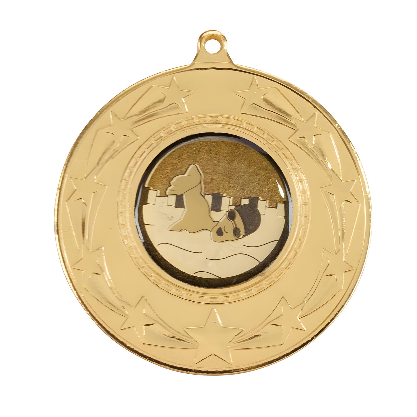 Gold swimming medal with swimmer design, star border