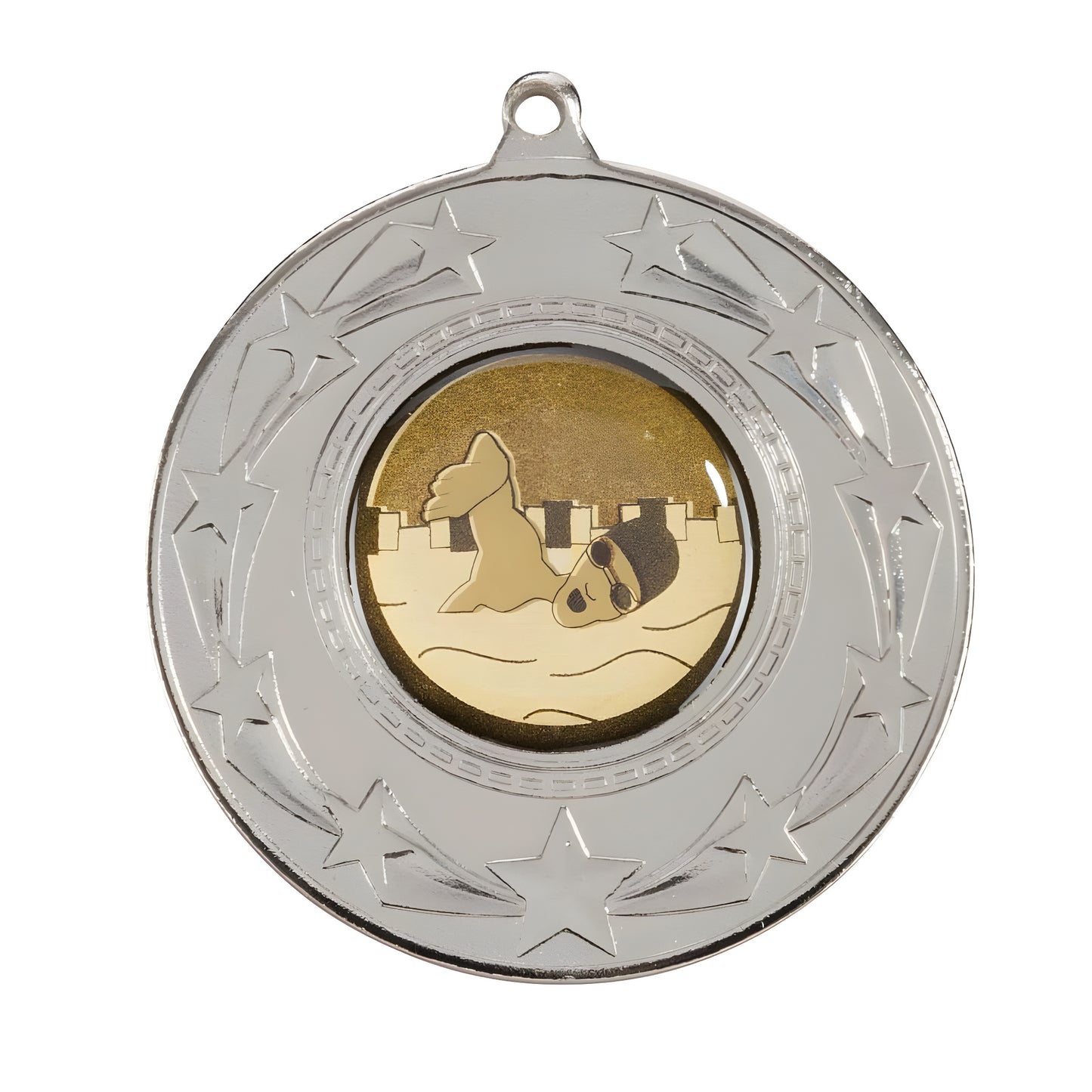 Silver swimming award medal with star design and swimmer illustration.