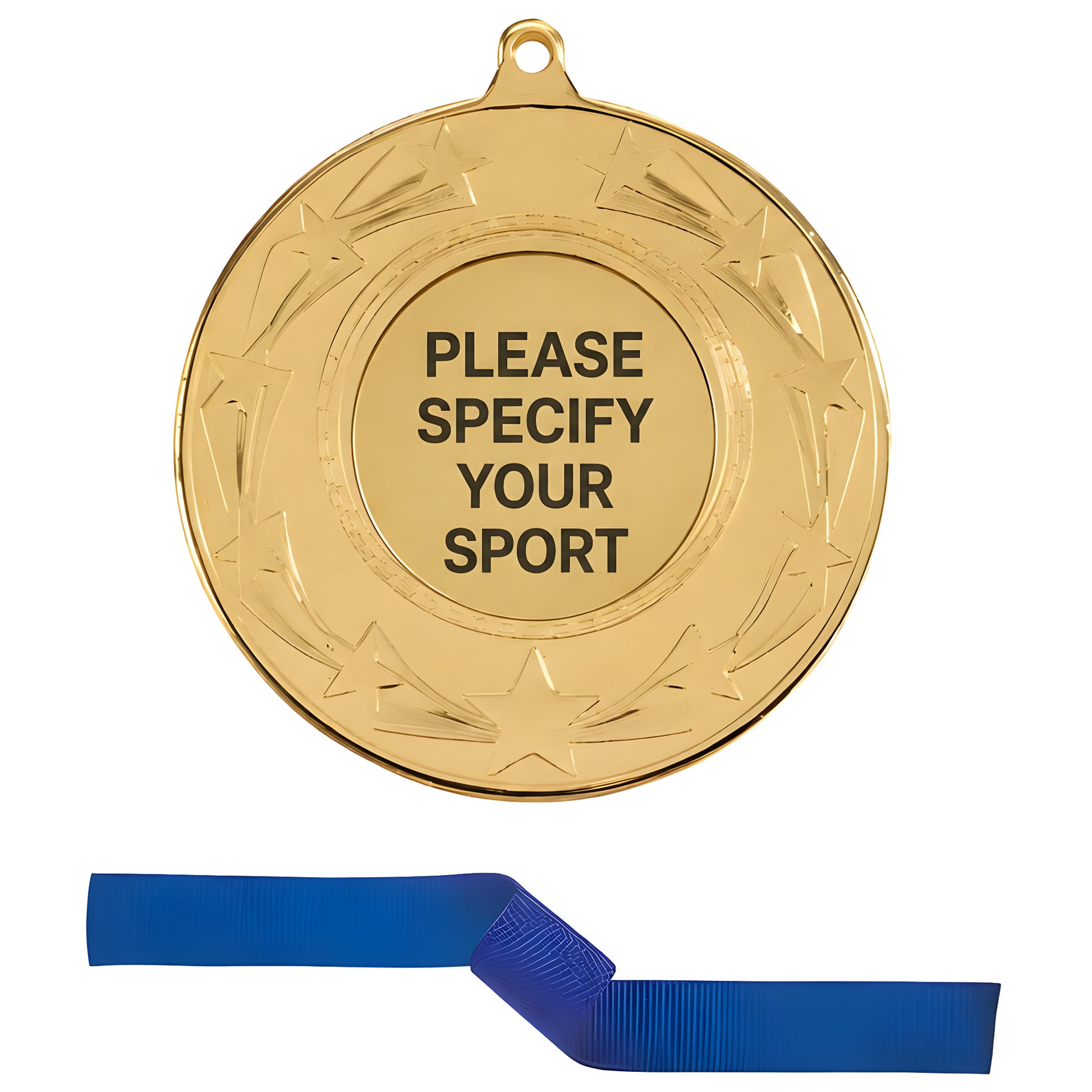 Gold starburst medal with blue ribbon, customizable sport engraving option.