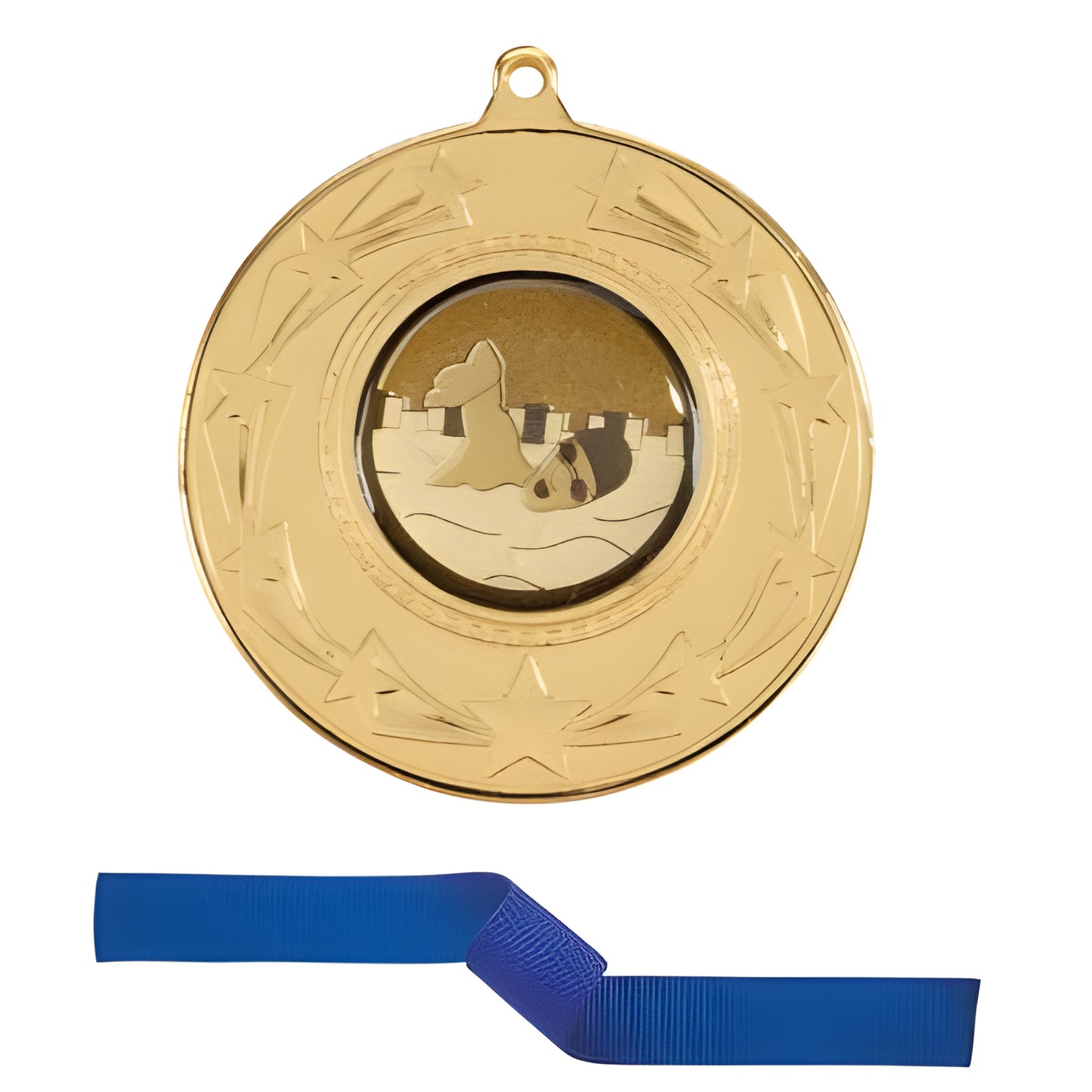 Gold starburst medal with camel and desert design, featuring a blue ribbon.