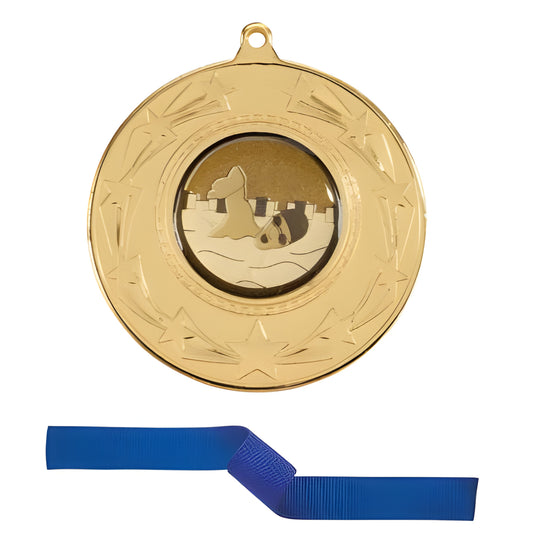 Gold starburst medal with camel and desert design, featuring a blue ribbon.