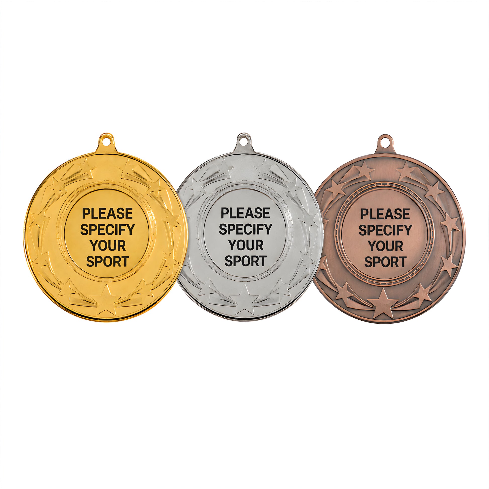 Gold, silver, and bronze starburst medals with customizable sport message.