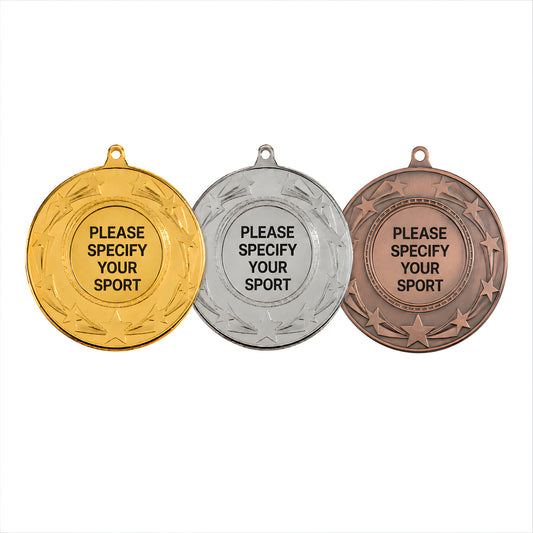 Gold, silver, and bronze starburst medals with customizable sport message.