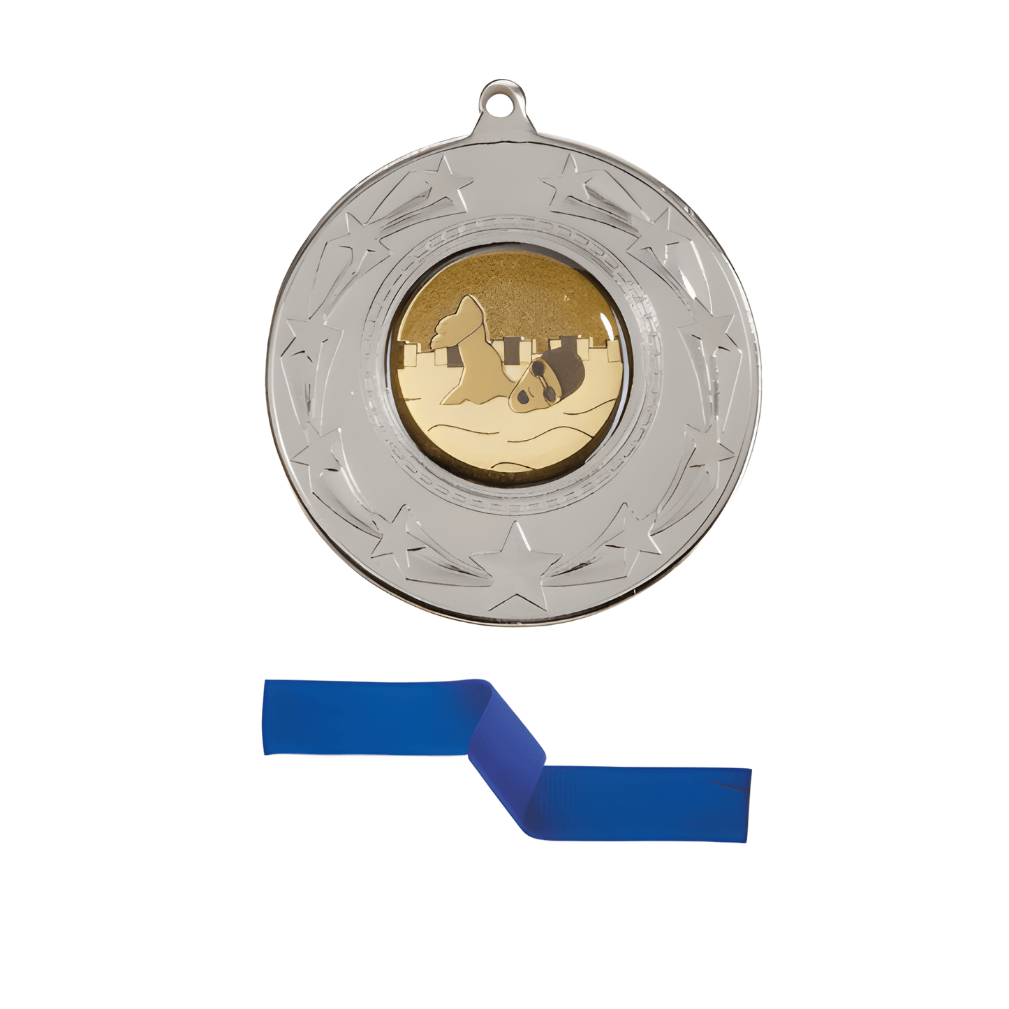 Silver starburst medal with golden cityscape center and blue ribbon for academic awards.