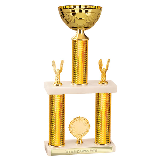 Golden trophy with eagle figures and engraving space.