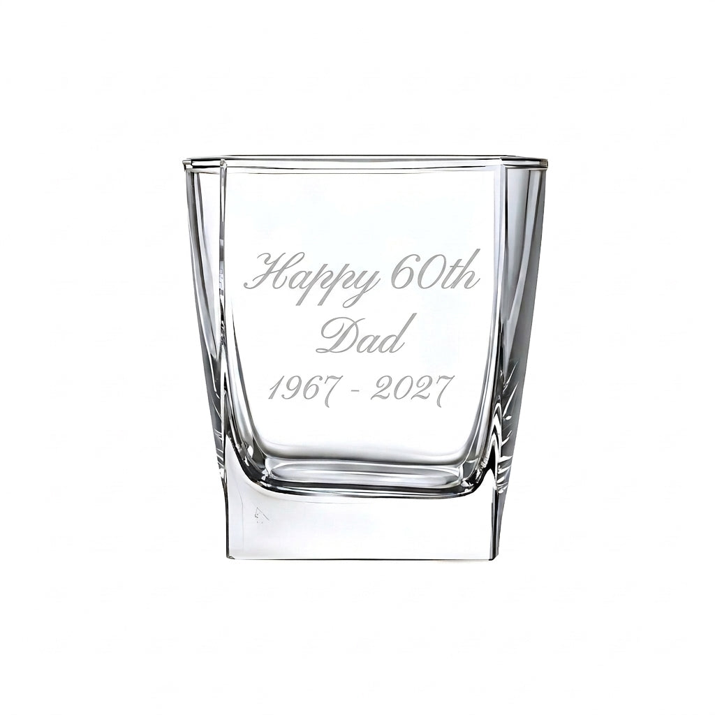 Example engraving (birthday): "Happy 60th / Dad / 1967 - 2027" on the Stephanie Square Whisky Glass