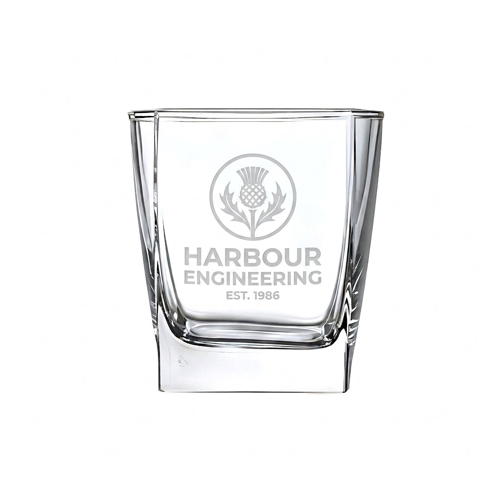 Example engraving (company logo): "HARBOUR ENGINEERING / EST. 1986" on the Stephanie Square Whisky Glass