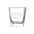 Example engraving (thank you): "David Wilson / 32 Years of Service / Thank You" on the Stephanie Square Whisky Glass