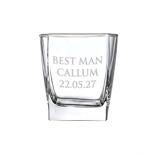 Example engraving (wedding party): "Best Man / Callum / 22.05.27" on the Stephanie Square Whisky Glass