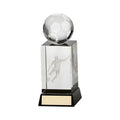 Crystal football award with engraved soccer player and ball design.
