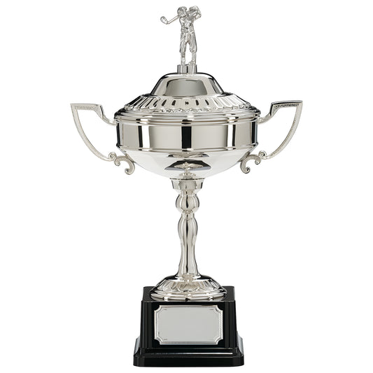 Silver trophy with golfer figure on top and handles, nickel-plated.