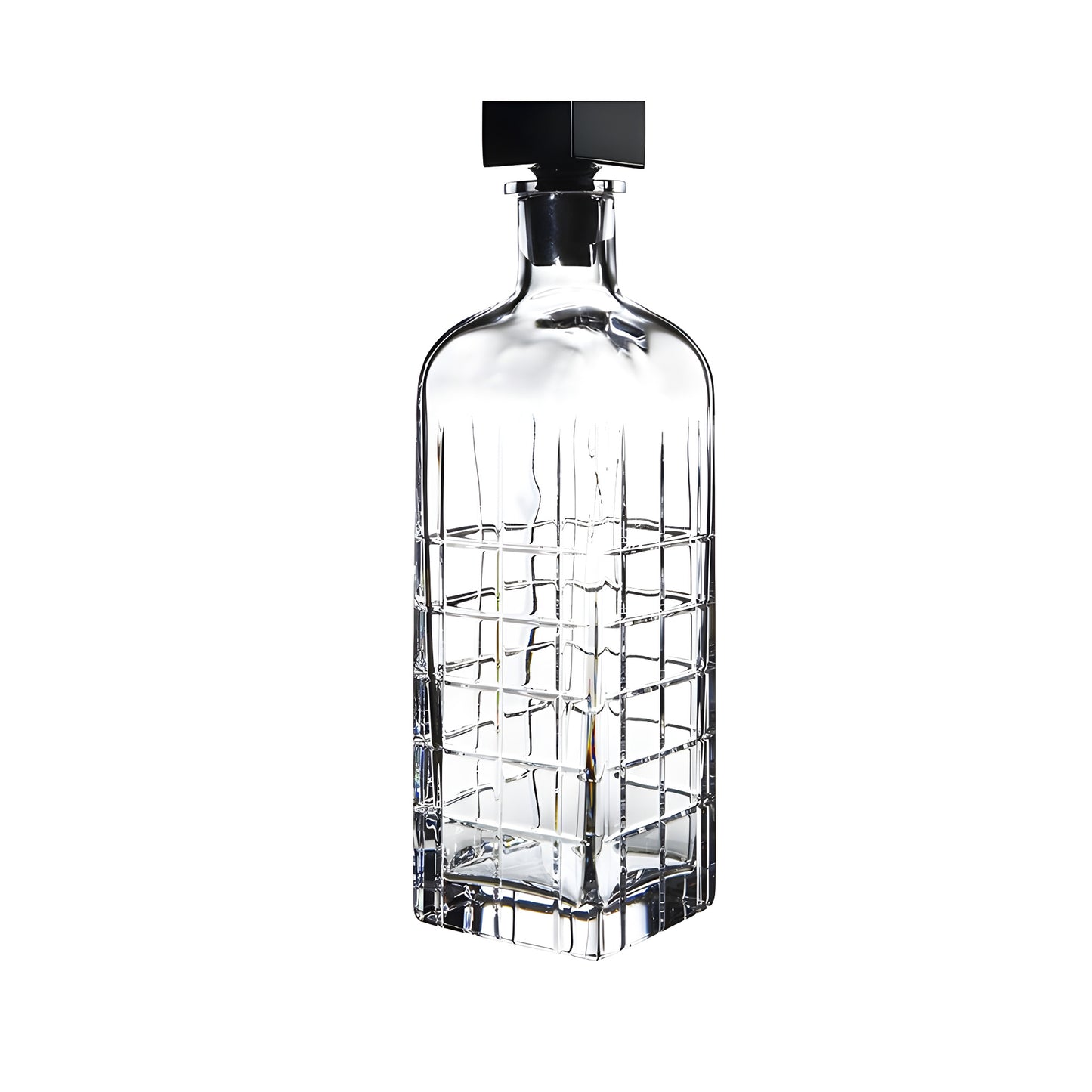 Square crystal whiskey decanter with black stopper.