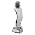 Crystal golf trophy with personalized engraving and golfer figure.