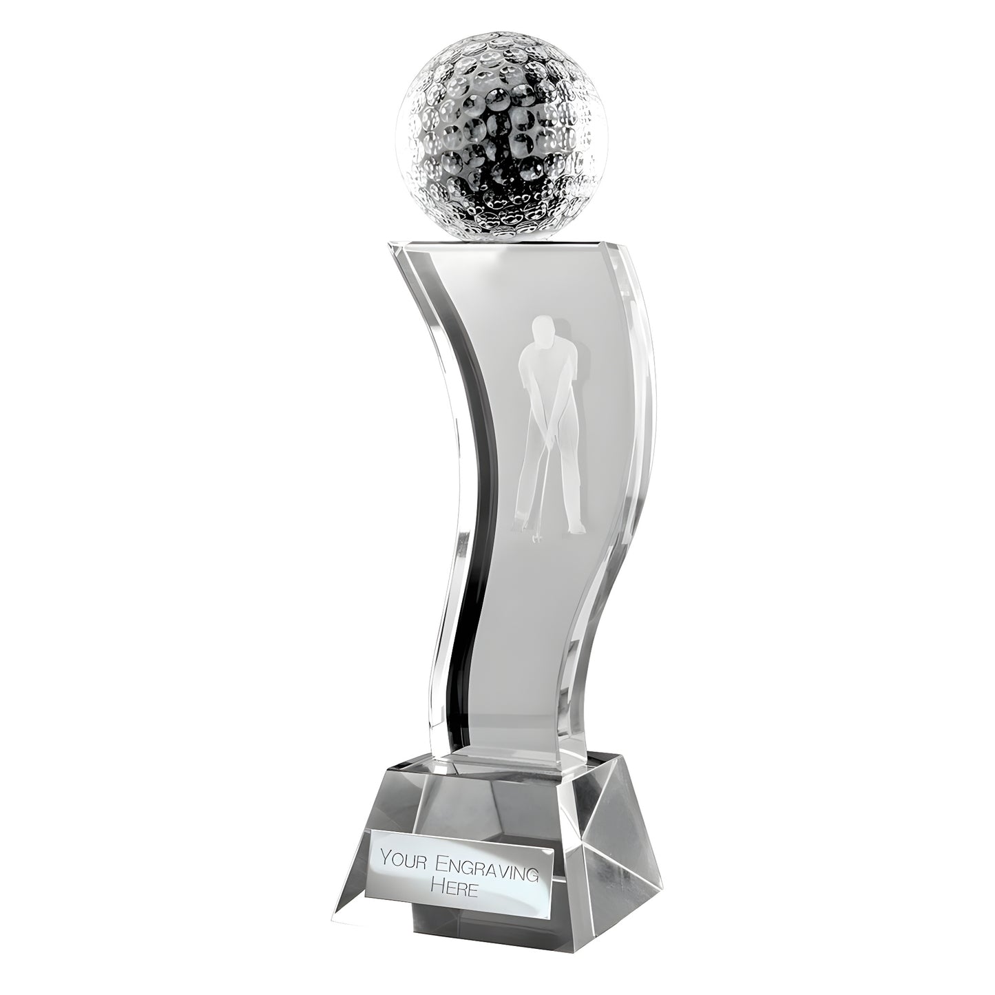 Crystal golf trophy with personalized engraving and golfer figure.