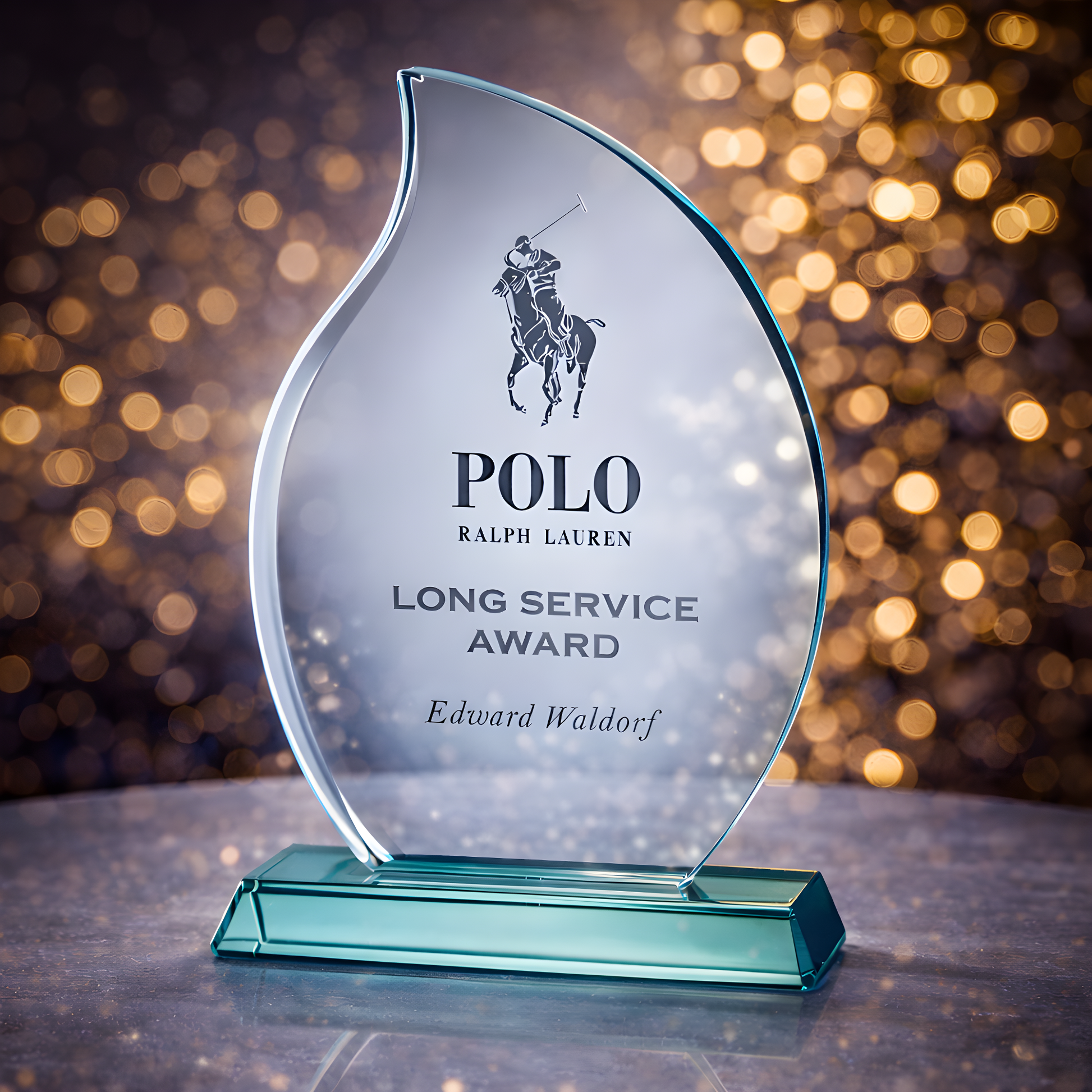 Jade glass award with Polo Ralph Lauren logo for long service recognition.