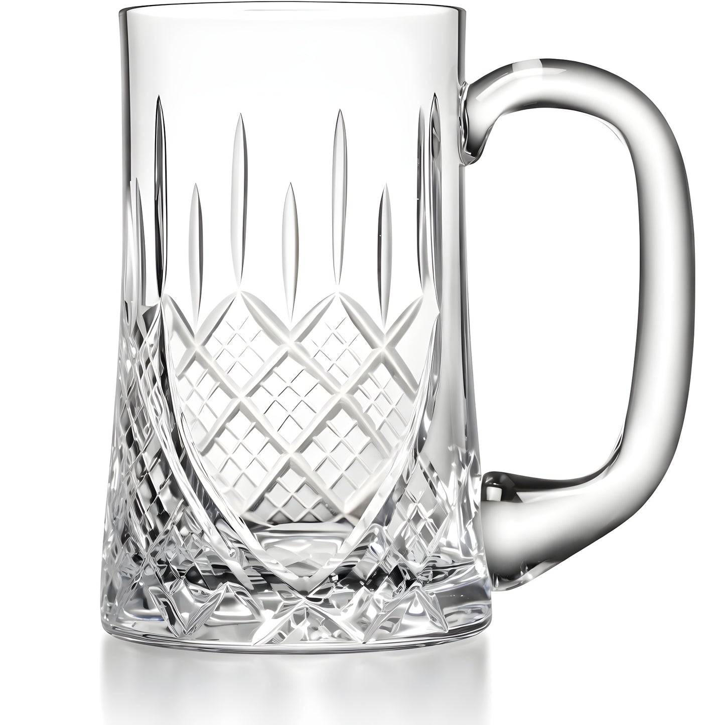 Close-up of a crystal beer mug with intricate etched patterns.