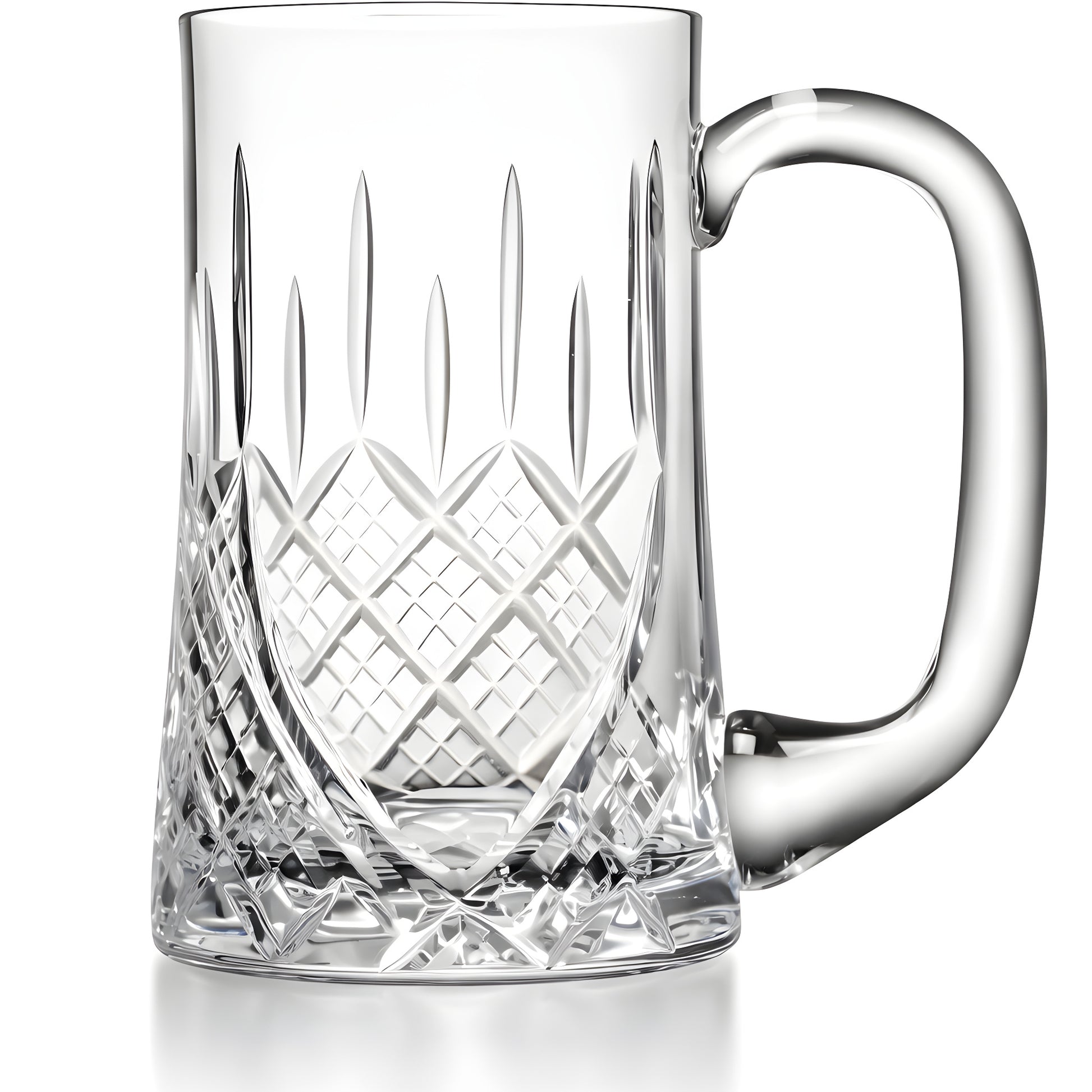 Close-up of a crystal beer mug with intricate etched patterns.